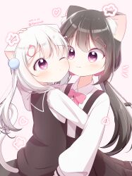 Rule 34 | 2girls, absurdres, animal ears, black hair, bow, bowtie, cat ears, cat girl, cat tail, cheek-to-cheek, hair ornament, hairpin, hand on another&#039;s head, haruiroha, haruiroha, heads together, heart, highres, hug, light blush, light smile, long sleeves, multiple girls, one eye closed, original, pink eyes, simple background, star (symbol), tail, white hair, yuri