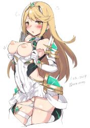 Rule 34 | 1girl, absurdres, blonde hair, blush, breasts, breasts out, cleft of venus, clothes pull, contrapposto, cowboy shot, dated, dress, dress pull, earrings, elbow gloves, gloves, hairband, highres, imazon, jewelry, long hair, looking at viewer, medium breasts, mythra (xenoblade), nintendo, nipples, panties, panty pull, perky breasts, short dress, sidelocks, simple background, solo, swept bangs, thigh strap, underwear, white background, white dress, white gloves, white panties, xenoblade chronicles (series), xenoblade chronicles 2, yellow eyes