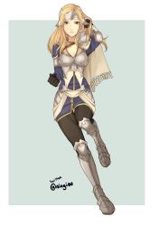 Rule 34 | 1girl, armor, blonde hair, blue background, breastplate, fire emblem, fire emblem echoes: shadows of valentia, fire emblem gaiden, gloves, greaves, hair ornament, highres, kyou (ningiou), looking at viewer, mathilda (fire emblem), nintendo, simple background, solo