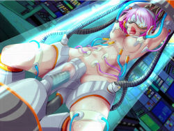 Rule 34 | 1girl, bdsm, bondage, bound, breasts, cable, gag, game cg, head-mounted display, lactation, machine, marimo (ankokumarimo), medium breasts, milking machine, nude, object insertion, open mouth, pink hair, restrained, sex machine, solo focus, stationary restraints, tetsujin shoujo blazer, tongue, toujou takeru, vaginal, vaginal object insertion, visor, wire