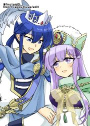Rule 34 | 1boy, 1girl, blue eyes, blue hair, brother and sister, cape, circlet, dress, fire emblem, fire emblem: genealogy of the holy war, fire emblem heroes, hat, headband, holding another&#039;s arm, julia (fire emblem), julia (scion) (fire emblem), long hair, looking at another, nintendo, official alternate costume, ponytail, purple eyes, purple hair, seliph (fire emblem), seliph (scion) (fire emblem), siblings, simple background, white headband, yukia (firstaid0)