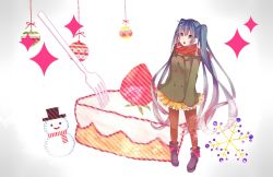 Rule 34 | 1girl, bad id, bad pixiv id, blue eyes, blue hair, cake, clow, coat, earmuffs, food, fork, hatsune miku, long hair, matching hair/eyes, open mouth, pantyhose, scarf, solo, twintails, very long hair, vocaloid