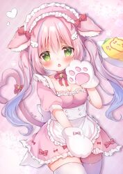 Rule 34 | 1girl, animal ears, animal hands, apron, bell, blue hair, bow, breasts, cat ears, cat girl, cat tail, chestnut mouth, cleavage, commentary request, dress, food, frilled apron, frilled dress, frilled hairband, frills, gloves, gradient hair, green eyes, hairband, hanasakichu, hand up, heart, heart tail, highres, jingle bell, long hair, looking at viewer, medium breasts, multicolored hair, omelet, omurice, open mouth, original, paw gloves, pink dress, pink hair, pink hairband, puffy short sleeves, puffy sleeves, red bow, short sleeves, skindentation, solo, tail, tail bell, tail bow, tail ornament, thighhighs, twintails, very long hair, white apron, white gloves, white thighhighs
