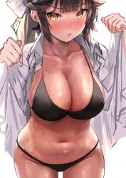Rule 34 | 1girl, :o, absurdres, azur lane, bikini, black bikini, black hair, blush, bow, breasts, brown eyes, cleavage, collared shirt, commentary request, cowboy shot, denchu (kazudentyu), groin, hair bow, hair flaps, highres, large breasts, long hair, looking at viewer, navel, ponytail, ribbon, shirt, simple background, solo, stomach, swimsuit, takao (azur lane), undressing, unfinished, very long hair, wet, white background, white bow, white shirt