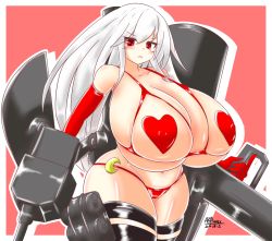 Rule 34 | 10s, 1girl, ayazumi flutter, bikini, black thighhighs, blush, bra, breasts, cannon, covered erect nipples, cupless bra, curvy, elbow gloves, female focus, gigantic breasts, gloves, kantai collection, kikuzuki (kancolle), long hair, looking at viewer, navel, pasties, plump, red bikini, red eyes, red gloves, red theme, shiny skin, simple background, solo, standing, string bikini, swimsuit, thick thighs, thighhighs, thighs, underwear, weapon, white hair, wide hips