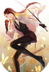 Rule 34 | androgynous, black footwear, black gloves, black necktie, black pantyhose, black shorts, collared shirt, gender request, gloves, hair down, hair over one eye, highres, holding, holding sword, holding weapon, houseki no kuni, lab coat, long hair, looking at viewer, multicolored hair, necktie, pantyhose, rutile (houseki no kuni), shirt, shoes, shorts, solo, sugurin, sword, two-tone hair, uniform, weapon, white shirt, yellow eyes