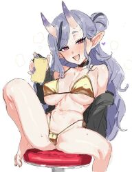 Rule 34 | 1girl, alcohol, beer, bikini, drunk, fang, gradient horns, hair between horns, horns, jacket, long hair, looking at viewer, mole, mole under mouth, multicolored horns, nijisanji, oni, pointy ears, purple eyes, rindou mikoto, short eyebrows, skin-covered horns, smile, spread legs, suisogenshi, swimsuit, thick eyebrows, virtual youtuber