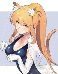 Rule 34 | 1girl, alternate hairstyle, animal ears, blonde hair, breasts, cat tail, cleavage, collarbone, elbow gloves, fox ears, frown, gloves, highres, jacket, jacket on shoulders, large breasts, long hair, looking away, looking to the side, ponytail, school swimsuit, shokuhou misaki, sidelocks, solo, swimsuit, swimsuit under clothes, tail, tdob mk2, toaru kagaku no railgun, toaru majutsu no index, unbuttoned, unbuttoned shirt, upper body, white gloves, yellow eyes