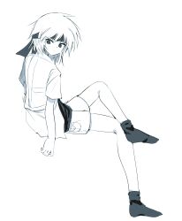Rule 34 | 1other, absurdres, androgynous, atoymk, closed mouth, commentary, dated commentary, greyscale, headband, highres, invisible chair, kurohebi, len&#039;en, light frown, medium hair, monochrome, no shoes, other focus, shirt, short sleeves, shorts, simple background, sitting, solo, white background