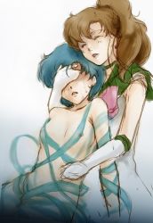 Rule 34 | 1990s (style), 2girls, bishoujo senshi sailor moon, blue hair, bow, breasts, brown hair, choker, clothed female nude female, detransformation, elbow gloves, closed eyes, gloves, hand over eyes, holding, kino makoto, long hair, lowres, magical girl, mizuno ami, multiple girls, naked ribbon, nipples, nude, open mouth, ponytail, ribbon, sailor collar, sailor jupiter, short hair, sketch, small breasts, tears, white gloves