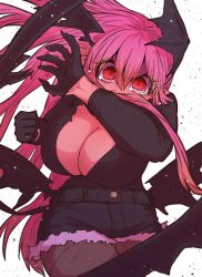 Rule 34 | 1girl, alternate costume, alternate hairstyle, bat wings, black gloves, black shirt, black wings, breasts, cleavage, clenched hand, cropped legs, denim, denim shorts, fangs, foreshortening, gloves, head wings, highres, large breasts, long hair, official alternate costume, pantyhose, pink eyes, pink hair, shirt, short shorts, shorts, sidelocks, simple background, sumire (yakunitatsu node chi o kudasai), tears, thighhighs, timeskip, torn clothes, torn shirt, vampire, white background, wings, yakunitatsu node chi o kudasai, zyugoya