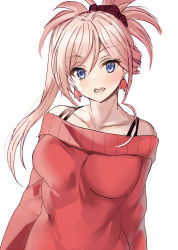 Rule 34 | :d, alternate costume, bare shoulders, blue eyes, breasts, casual, fate/grand order, fate (series), hair ornament, hair scrunchie, harimoji, looking at viewer, medium breasts, miyamoto musashi (fate), off-shoulder sweater, off shoulder, open mouth, pink hair, ponytail, purple scrunchie, red sweater, scrunchie, simple background, smile, sweater, swept bangs, white background