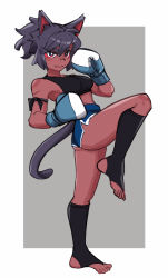 Rule 34 | 1girl, amazu (kurozu), animal ears, aoi (amazu), ass, bare shoulders, black hair, black socks, blue shorts, boxing gloves, cat ears, cat girl, cat tail, closed mouth, full body, grey background, hair between eyes, highres, kemonomimi mode, knee up, kneehighs, looking at viewer, no shoes, original, photoshop (medium), red eyes, short eyebrows, short shorts, shorts, socks, solo, standing, standing on one leg, stirrup legwear, tail, thick eyebrows, toeless legwear, two-tone background, white background