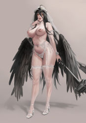 Rule 34 | 1girl, albedo (overlord), axe, black hair, black wings, breasts, bridal veil, detached sleeves, drooling, fangs, feathered wings, finger to mouth, full body, garter belt, garter straps, high heels, highres, jeneral, lace, lace-trimmed panties, lace trim, large breasts, lingerie, long hair, looking at viewer, low wings, naughty face, navel, nipples, no bra, overlord (maruyama), panties, saliva, saliva trail, simple background, solo, standing, stomach, thighhighs, underwear, veil, very long hair, white footwear, white panties, wings, yellow eyes