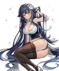 Rule 34 | 1girl, absurdres, ass, azuma (azur lane), azur lane, bad id, bad pixiv id, bare shoulders, black gloves, breasts, cleavage, cleavage cutout, clothing cutout, flower, garter straps, gloves, hair flower, hair ornament, hand in own hair, high heels, highres, hyoin, large breasts, long hair, orange eyes, purple hair, shoes, simple background, sleeveless, solo, thighhighs, very long hair, white background, white flower, white footwear, aged down