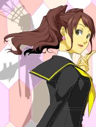Rule 34 | 2girls, artist request, atlus, breasts, brown hair, dual persona, earrings, green eyes, himiko (persona 4), jewelry, kujikawa rise, long hair, multiple girls, open mouth, persona, persona 4, sailor, school uniform, skirt, smile, thighhighs, twintails, zettai ryouiki