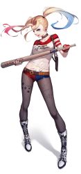 Rule 34 | 1girl, absurdres, baseball bat, belt, black pantyhose, blonde hair, blue hair, boots, choker, clothes writing, dc comics, fingerless gloves, fishnet pantyhose, fishnets, gloves, gun, handgun, harley quinn, highres, holster, knee boots, lipstick, long hair, looking at viewer, makeup, multicolored hair, nail polish, pantyhose, pink hair, pistol, red gloves, rekaerb maerd, shirt, short shorts, shorts, shoulder holster, simple background, smile, solo, standing, suicide squad, t-shirt, tattoo, torn clothes, twintails, weapon, white background