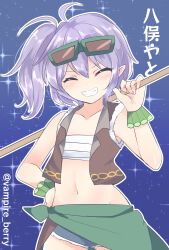 Rule 34 | 1girl, ahoge, brown vest, character name, chest sarashi, closed eyes, commentary request, cowboy shot, denim, denim shorts, eyewear on head, facial hair, fang, flat chest, grin, highres, medium hair, open clothes, open vest, original, ougi hina, outline, riverbed soul saver, sarashi, shorts, side ponytail, smile, solo, torn clothes, torn shorts, touhou, translated, twitter username, vest, white outline, yamata no yato