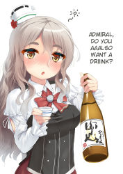 Rule 34 | 10s, 1girl, alcohol, bottle, bow, bowtie, breasts, brown eyes, choko (cup), corset, cup, drunk, eyebrows, grey hair, hair between eyes, hard-translated, hat, kantai collection, long hair, long sleeves, looking at viewer, mini hat, miniskirt, natsunoyuu, open mouth, pola (kancolle), red skirt, sake bottle, shirt, skirt, solo, text focus, thick eyebrows, third-party edit, translated, wavy hair, white shirt