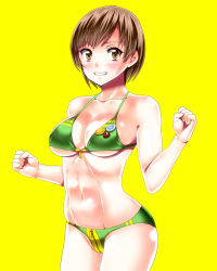 Rule 34 | 1girl, abs, adapted costume, alternate breast size, atlus, bad id, bad pixiv id, bikini, breasts, brown eyes, brown hair, clenched hands, green bikini, grin, large breasts, persona, persona 4, pin, satonaka chie, sen (sansui), short hair, simple background, smile, solo, swimsuit, toned, underboob, yellow background, zipper