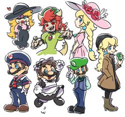 Rule 34 | 2boys, 3girls, ;), alternate costume, alternate hairstyle, arm up, beanie, black dress, blonde hair, blue eyes, boots, bow, bowser peach, bowtie, bracelet, braid, brown hair, copyright name, crossdressing, dress, earrings, enmaided, eyelashes, facial hair, fangs, gloves, hat, hat tip, heart, horns, jewelry, jumping, koopa peach, lipstick, long hair, luigi, maid, makeup, mario, mario (series), multiple boys, multiple girls, mustache, necklace, nintendo, one eye closed, open mouth, possessed, princess peach, prototype design, red eyes, red hair, reptilian, sailor, sailor hat, single braid, smile, spiked bracelet, spikes, strapless, strapless dress, super mario odyssey, ukata, waistcoat, white gloves