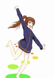 Rule 34 | 1girl, bare legs, barefoot, female focus, jacket, long sleeves, naked jacket, saki (manga), solo, takakamo shizuno, track jacket, white background