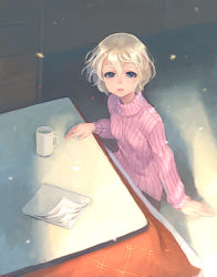 Rule 34 | 1girl, blonde hair, blue eyes, cup, female focus, from above, indoors, kotatsu, lowres, original, sitting, solo, sweater, table, weno, weno&#039;s blonde original character