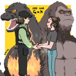 2girls ape asian black_eyes black_pants black_shirt brown_hair burning_godzilla chiro_(uvu_00) colored_sclera crossover denim dinosaur earrings english_text glowing godzilla godzilla_(series) godzilla_vs._destoroyah godzilla_x_kong:_the_new_empire gorilla hair_bun hat headband holding_hands iwi japanese_(nationality) jeans jewelry jia_(monsterverse) kaiju king_kong king_kong_(series) kong_(monsterverse) legendary_pictures looking_at_another monsterverse multiple_boys multiple_girls orange_eyes orange_sclera pants red_sclera saegusa_miki_(godzilla) sharp_teeth shirt short_hair sidelocks teeth toho two-tone_background watermark white_background yellow_background yellow_eyes