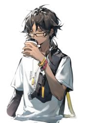 Rule 34 | 1boy, arknights, black hair, black sleeves, bracelet, coffee cup, cup, dadijiji, dark-skinned male, dark skin, disposable cup, drinking, forehead, glasses, highres, holding, holding cup, jewelry, long hair, official alternate costume, ponytail, shirt, short sleeves, simple background, single sleeve, solo, thorns (arknights), thorns (comodo) (arknights), white background, white shirt, yellow eyes