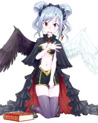 Rule 34 | 10s, 1girl, aidama (td1143), asymmetrical wings, book, breasts, clothes pull, covering privates, covering breasts, feathered wings, frills, idolmaster, idolmaster cinderella girls, kanzaki ranko, midriff, miniskirt, navel, open mouth, purple eyes, short twintails, silver hair, simple background, skirt, skirt pull, solo, thighhighs, twintails, wavy mouth, white background, wings