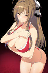 Rule 34 | 1girl, absurdres, ahoge, amagi brilliant park, areola slip, arm under breasts, bikini, black background, blush, breast hold, breasts, brown hair, cleavage, closed mouth, commentary, commission, covered erect nipples, cowboy shot, embarrassed, eyes visible through hair, frown, furrowed brow, gradient background, hair between eyes, hair intakes, hair ribbon, halterneck, highres, large breasts, leaning forward, long hair, looking away, looking to the side, navel, o-ring, o-ring bikini, red background, red bikini, ribbon, sento isuzu, simple background, skeb commission, solo, standing, stomach, string bikini, sweat, sweatdrop, swimsuit, thighs, wazukani, white ribbon, yellow eyes