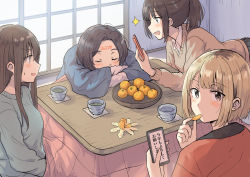 Rule 34 | 2022, 4girls, :d, absurdres, arm rest, betock, black eyes, black hair, blonde hair, blunt bangs, bowl, brown hair, brown sweater, cellphone, commentary request, cup, drawing on another&#039;s face, eating, eyelashes, food, fruit, grey sweater, happy new year, highres, kotatsu, long hair, looking at viewer, mandarin orange, multiple girls, new year, open mouth, orange peel, original, parted bangs, phone, ponytail, short hair, sitting, skirt, sleeping, smile, sweatdrop, sweater, table, translated, under table, writing on face