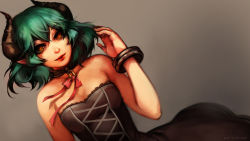 Rule 34 | 1girl, bare shoulders, breasts, choker, collar, demon girl, dress, fiend (juniper&#039;s knot), green hair, highres, horns, ippus, juniper&#039;s knot, lips, pantyhose, pointy ears, ribbon, short hair, small breasts, solo, strapless, strapless dress, wallpaper, wrist cuffs, yellow eyes