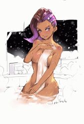 Rule 34 | 1girl, 2016, artist name, asymmetrical hair, bath, bathing, breasts, brown hair, closed mouth, covering breasts, covering crotch, covering privates, cowboy shot, dark-skinned female, dark skin, dated, earrings, groin, hand on own chest, hand up, jewelry, jon tw, legs together, long hair, looking at viewer, medium breasts, mole, mole under eye, multicolored hair, naked towel, nude, nude cover, onsen, overwatch, overwatch 1, purple eyes, purple hair, purple lips, sidecut, simple background, sitting, sketch, smile, solo, sombra (overwatch), steam, streaked hair, stud earrings, sweat, towel, two-tone hair, undercut, wet, white background