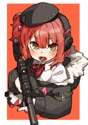 Rule 34 | 1girl, amonitto, beret, candy, commentary request, food, girls&#039; frontline, gun, h&amp;k mp7, hair ornament, hat, headphones, jacket, lollipop, looking at viewer, machine pistol, mp7 (girls&#039; frontline), off shoulder, personal defense weapon, pink hair, solo, submachine gun, suppressor, weapon, yellow eyes