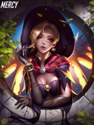 Rule 34 | 1girl, bad hands, blonde hair, blue eyes, breasts, cleavage, earrings, elbow gloves, food-themed earrings, food themed earrings, gloves, hat, jewelry, liang xing, looking at viewer, mercy (overwatch), official alternate costume, overwatch, overwatch 1, parted lips, pumpkin earrings, solo, witch hat, witch mercy