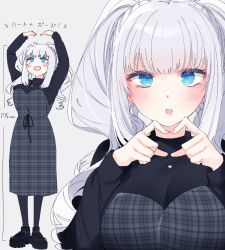 Rule 34 | 1girl, :d, black footwear, black pantyhose, black sweater, blue eyes, blush, breasts, cleavage, dress, fingernails, grey dress, hands up, heart, heart hands, heart necklace, jewelry, large breasts, long hair, long sleeves, looking at viewer, multiple views, nail polish, necklace, nekoume, open mouth, original, pantyhose, parted lips, pink nails, shoes, silver hair, smile, sweater, translation request, twintails