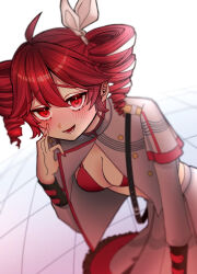 blush breasts hair_ornament kasane_teto looking_at_viewer medium_breasts naughty_face open_clothes ponytail red_eyes red_hair teeth vocaloid