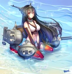 Rule 34 | 10s, 1girl, bare shoulders, black hair, blush, breasts, cannon, cleavage, elbow gloves, female focus, full body, gloves, gradient background, headgear, kantai collection, kashi kosugi, large breasts, long hair, looking at viewer, mecha musume, midriff, miniskirt, nagato (kancolle), navel, outdoors, pleated skirt, red eyes, signature, sitting, skirt, solo, sparkle, thighhighs, turret, v arms, wariza, water