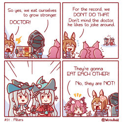 Rule 34 | 1other, 4girls, ambiguous gender, amiya (arknights), anger vein, animal ear fluff, animal ears, aqua headwear, arknights, ascot, bell, black ascot, black coat, black jacket, brown hair, chibi, coat, comic, commentary, doctor (arknights), dress, dual persona, english commentary, english text, flying sweatdrops, fox ears, fox girl, gloves, glowstick, grey hair, hair bell, hair ornament, hat, helm, helmet, highres, holding, holding glowstick, holding microphone, hood, hood up, hooded coat, hooded jacket, jacket, long hair, long sleeves, microphone, multiple girls, official alternate costume, open clothes, open mouth, pink hair, pointing, pointy hat, rabbit ears, rabbit girl, red dress, red eyes, red sleeves, shamare (arknights), shirt, skadi (arknights), skadi the corrupting heart (arknights), sparkling eyes, stuffed wolf, sweatdrop, tail, triangle mouth, twintails, twitter username, very long hair, white shirt, wittle red