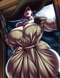 Rule 34 | 1girl, absurdres, alcina dimitrescu, breasts, capcom, claws, cleavage, colored skin, curvy, earrings, female focus, flower, gloves, grey skin, hat, highres, huge breasts, jewelry, lipstick, makeup, muscular, muscular female, necklace, osmar-shotgun, resident evil, resident evil village, short hair, solo, sun hat, wide hips, yellow eyes