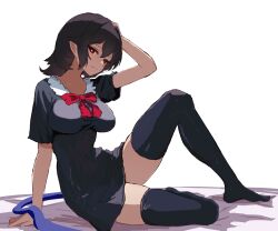 Rule 34 | 1girl, absurdres, black dress, black hair, black thighhighs, bow, bowtie, breasts, closed mouth, commentary, dress, full body, highres, houjuu nue, large breasts, looking at viewer, medium hair, moriforest1040, pointy ears, red bow, red bowtie, red eyes, short sleeves, simple background, symbol-only commentary, thighhighs, touhou, white background