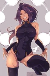 Rule 34 | 1girl, bare shoulders, black thighhighs, bleach, boots, breasts, cameltoe, covered erect nipples, covered navel, dark-skinned female, dark skin, ears visible through hair, grin, hair ribbon, highleg, highleg leotard, large breasts, leotard, long hair, nanao (mahaya), ponytail, purple hair, ribbon, shihouin yoruichi, sideboob, sidelocks, skin tight, smile, solo, thigh boots, thighhighs, toned, translucent hair, yellow eyes