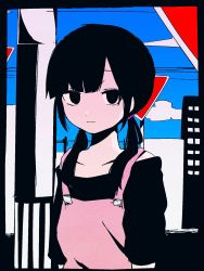 Rule 34 | 1girl, asahina hiyori, asymmetrical bangs, black eyes, black hair, black shirt, blue sky, blunt bangs, building, cable, cloud, cloudy sky, collarbone, empty eyes, expressionless, highres, iyowa (igusuri please), kagerou project, looking at viewer, low twintails, off-shoulder shirt, off shoulder, puffy short sleeves, puffy sleeves, raised eyebrows, road sign, shirt, short sleeves, sidelocks, sign, sky, skyscraper, solo, suspenders, suspenders slip, twintails, upper body, utility pole