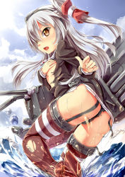 Rule 34 | 10s, 1girl, amatsukaze (kancolle), ass, black panties, blush, breasts, brown eyes, covering privates, covering breasts, damaged, hairband, highres, kantai collection, long hair, looking at viewer, machinery, open mouth, packge, panties, rensouhou-kun, silver hair, small breasts, solo, splashing, thighhighs, torn clothes, torn thighhighs, turret, two side up, underwear, water