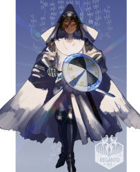Rule 34 | 1other, ambiguous gender, androgynous, armor, blue background, brown hair, cape, cuisses, earrings, glowing, hair between eyes, half-closed eyes, helmet, high collar, holding, holding shield, holding sword, holding weapon, jewelry, leg armor, light, looking down, pants, parted lips, pixiv fantasia, pixiv fantasia fallen kings, psyche (arcadia), red eyes, robe, scar, scar on face, shadow, sheath, shield, solo, sword, torn cape, torn clothes, veil, weapon