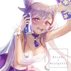 Rule 34 | 1girl, arm up, artist name, bare shoulders, breasts, can, cellphone, choker, cleavage, crop top, double bun, drink, floral print, flower, genshin impact, hair bun, half-closed eyes, holding, holding drink, holding phone, keqing (genshin impact), ku99 (kugugu), medium breasts, midriff, navel, open mouth, phone, pocari sweat, purple eyes, purple hair, simple background, smartphone, smartphone case, smile, symbol-shaped pupils, teeth, twintails, twitter username, upper body, upper teeth only, white background