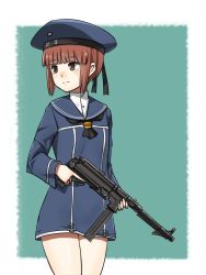 Rule 34 | 1girl, brown eyes, brown hair, commentary request, dress, gun, kantai collection, looking to the side, mp40, sailor collar, sailor dress, short dress, short hair, solo, submachine gun, trigger discipline, weapon, yoohei (pizzadev), z3 max schultz (kancolle)
