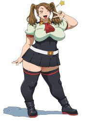 Rule 34 | 1girl, boots, breasts, brown eyes, brown hair, female focus, full body, gundam, gundam build fighters, gundam build fighters try, hair ornament, highres, jun (rojiura jack), large breasts, long hair, one eye closed, open mouth, plump, rojiura jack, sazaki kaoruko, smile, solo, standing, thick thighs, thighs, tongue, tongue out, twintails
