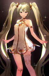 Rule 34 | 1girl, absurdres, armlet, bare shoulders, black background, brown eyes, closed mouth, dress, gold bowtie, gold choker, gold trim, gramophone miku, green hair, hair ornament, hatsune miku, highres, long hair, miku symphony (vocaloid), see-through, see-through dress, single thighhigh, smile, solo, sparkle, strapless, strapless dress, tananuki, thighhighs, thighlet, twintails, very long hair, vocaloid, white dress, white thighhighs